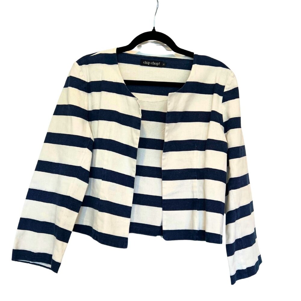 Chip Chop! Navy & White Striped Blazer – Size 10 Lightweight Open Front Jacket